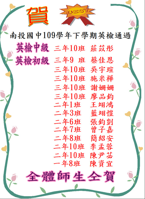 109學年下學期英檢通過名單