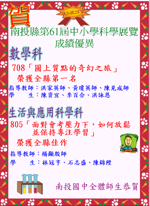 狂賀!!本校學生及指導老師參加南投縣第61屆科展競賽分別榮獲全縣第一名及佳作